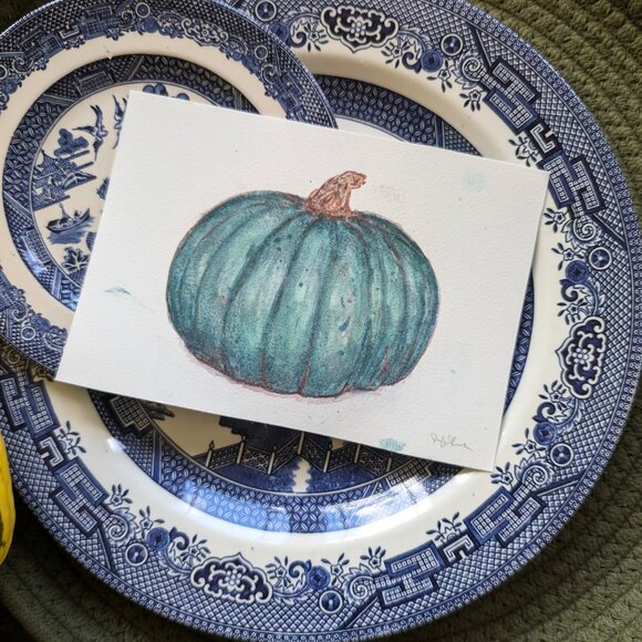 Original Watercolor Bluish Turquoise Green Minimalist Squash Painting - Picture 2 of 5